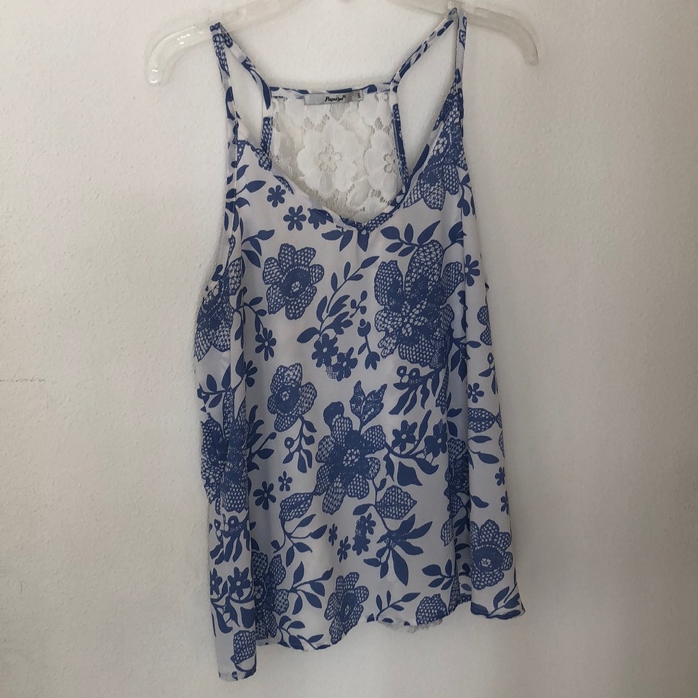 Blue and White, Floral, Lace-Back Cami Top